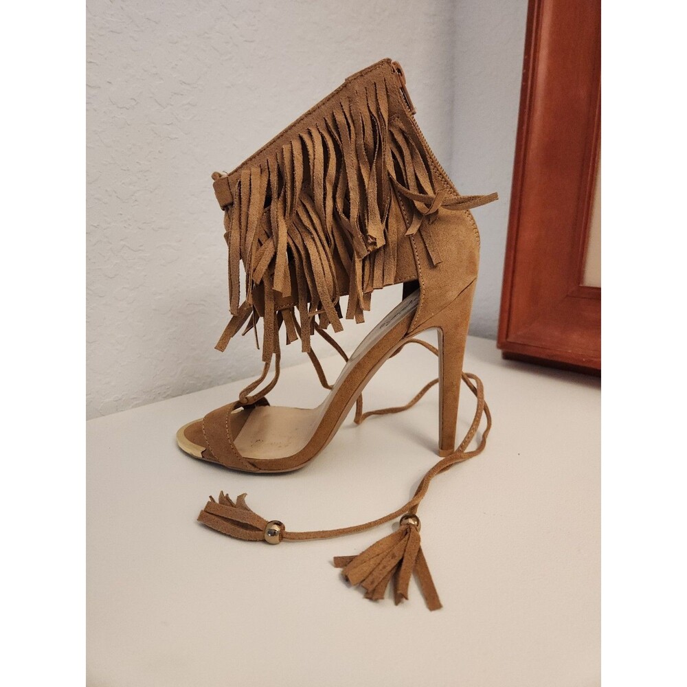 Tan Faux Suede Fringe Lace Up Stiletto Heels Sz 8 Tassel Ankle Booties